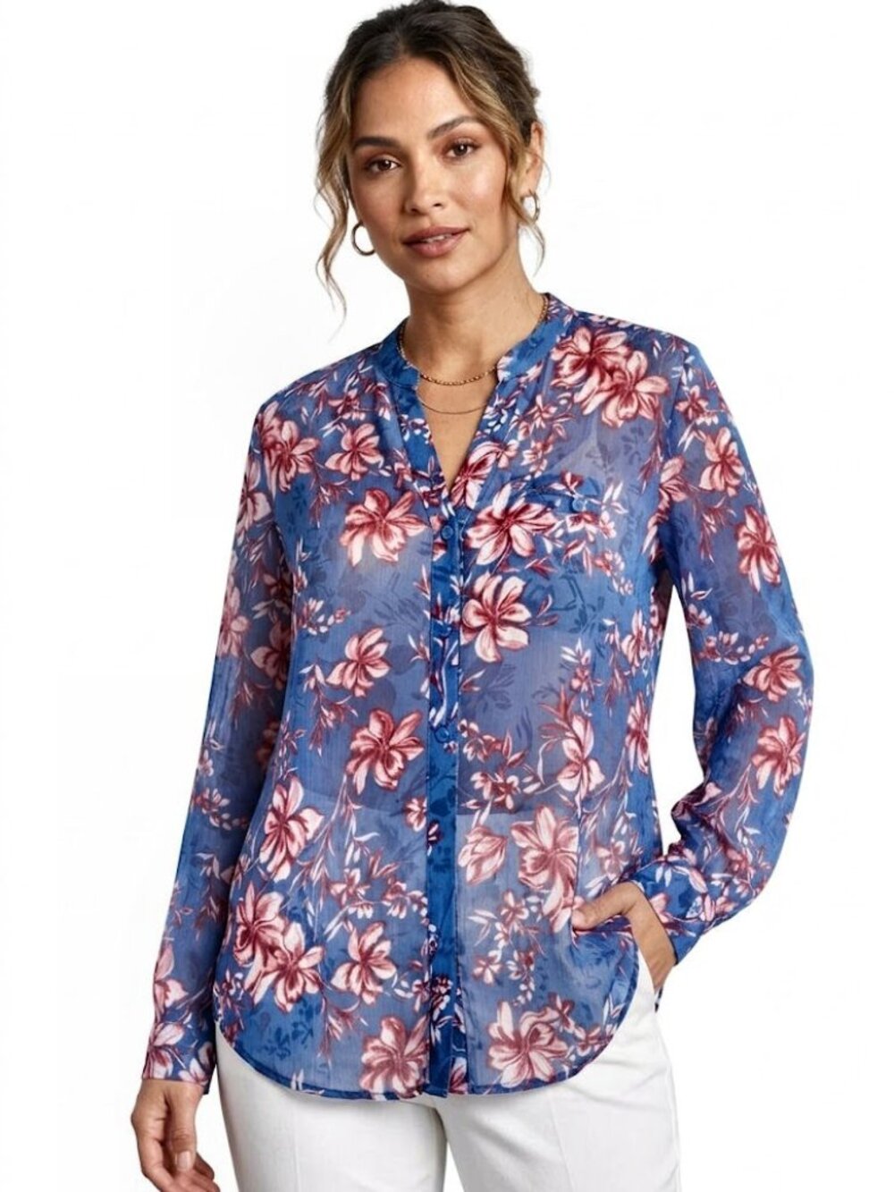 KUT from the Kloth Floral Sheer Blouse, Red/White on Blue, Womens Size Large
